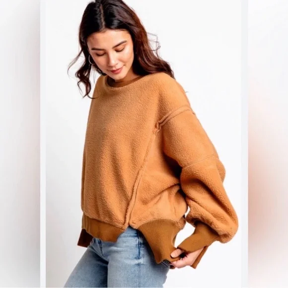Free People Cozy Camden oversized fleece sweatshirt in terracotta orange - Picture 2 of 8